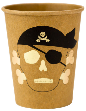 8 kraftových a zlacených pirátských kartonových kelímků 255 ml lebka