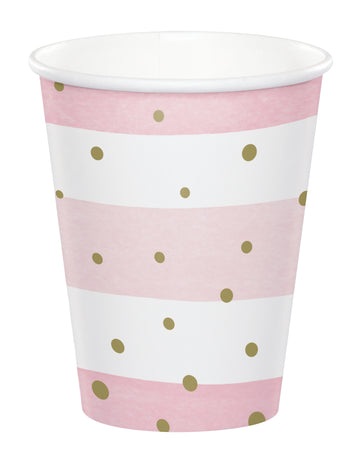 8 růžových a bílých papírových kelímků se zlatými puntíky 256 ml na miminko