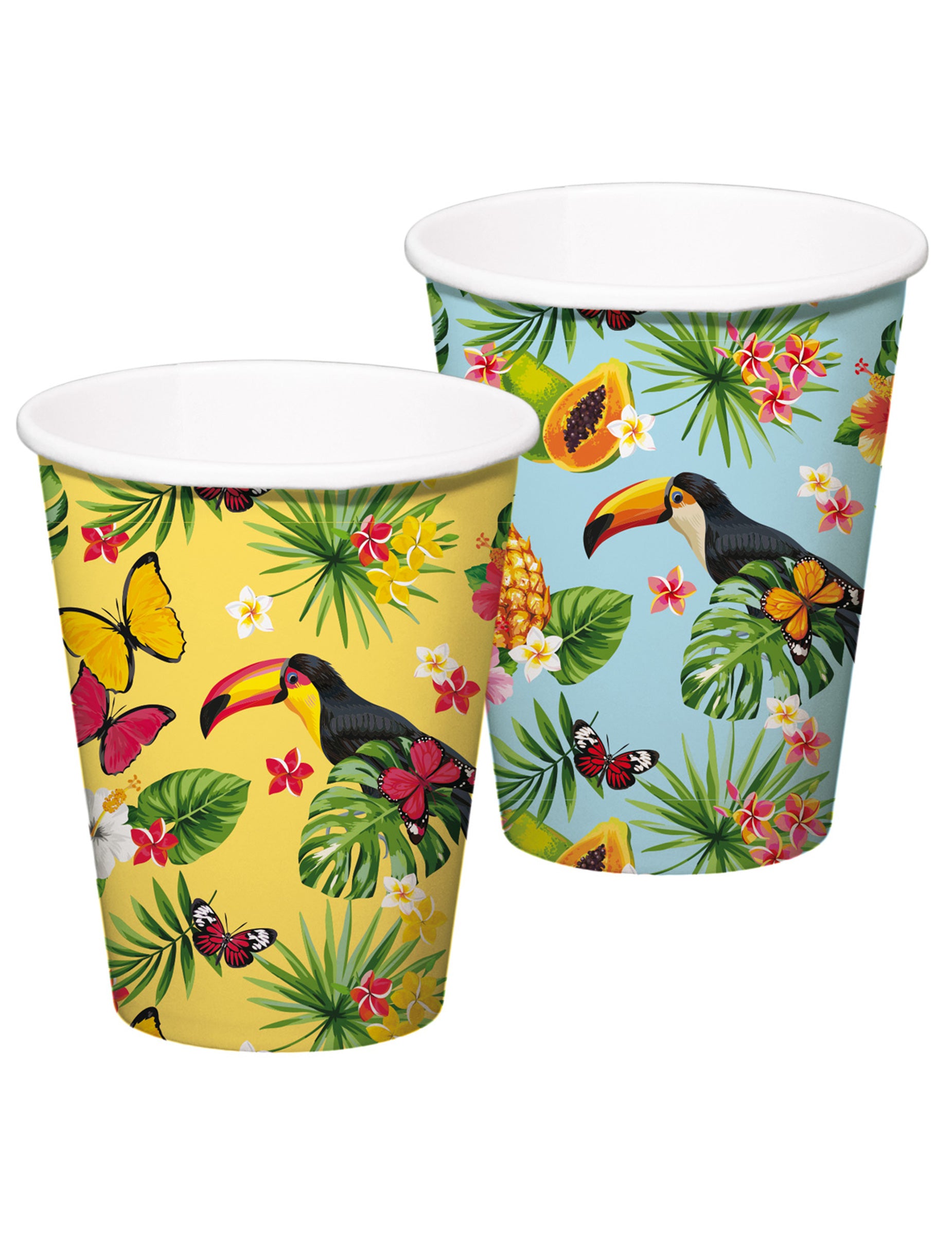 Gobelets en carton Toucan jaunes et bleus avec motifs tropicaux