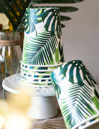 8 zelených tropických kartonových kelímků 250 ml palmových listů