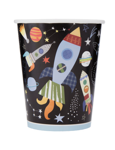 Gobelet en carton univers pour enfant noir avec fusées et planètes colorées