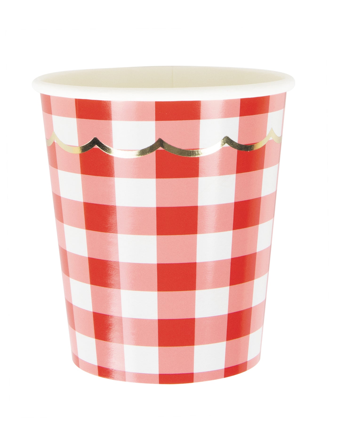 8 červených a bílých ginghamových vroubkovaných kartonových kelímků 200 ml