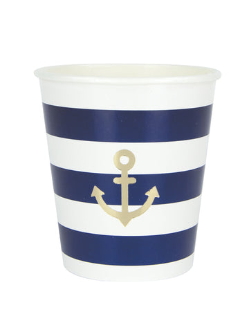 8 vroubkovaných námořnických kartonových kelímků 200 ml se zlatou kotvou