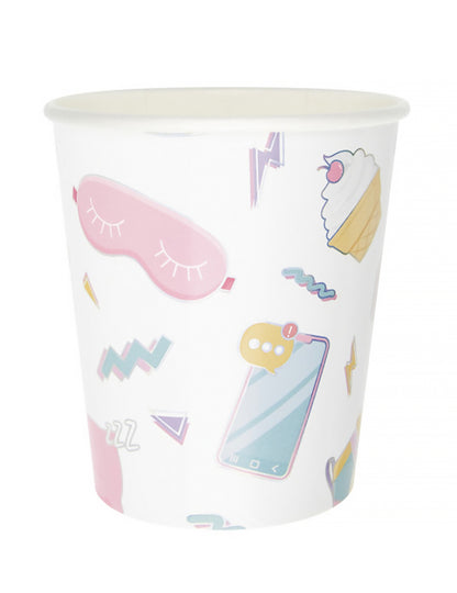 8 gobelets pyjama party pour fille blanc avec motifs girly pastels