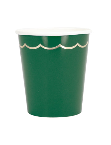 8 zelených a zlatých vroubkovaných papírových kelímků 200 ml na Vánoce