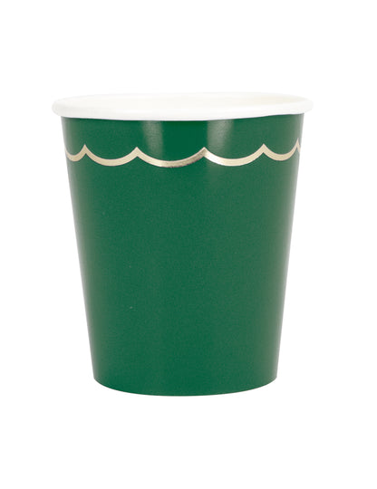 8 zelených a zlatých vroubkovaných papírových kelímků 200 ml na Vánoce