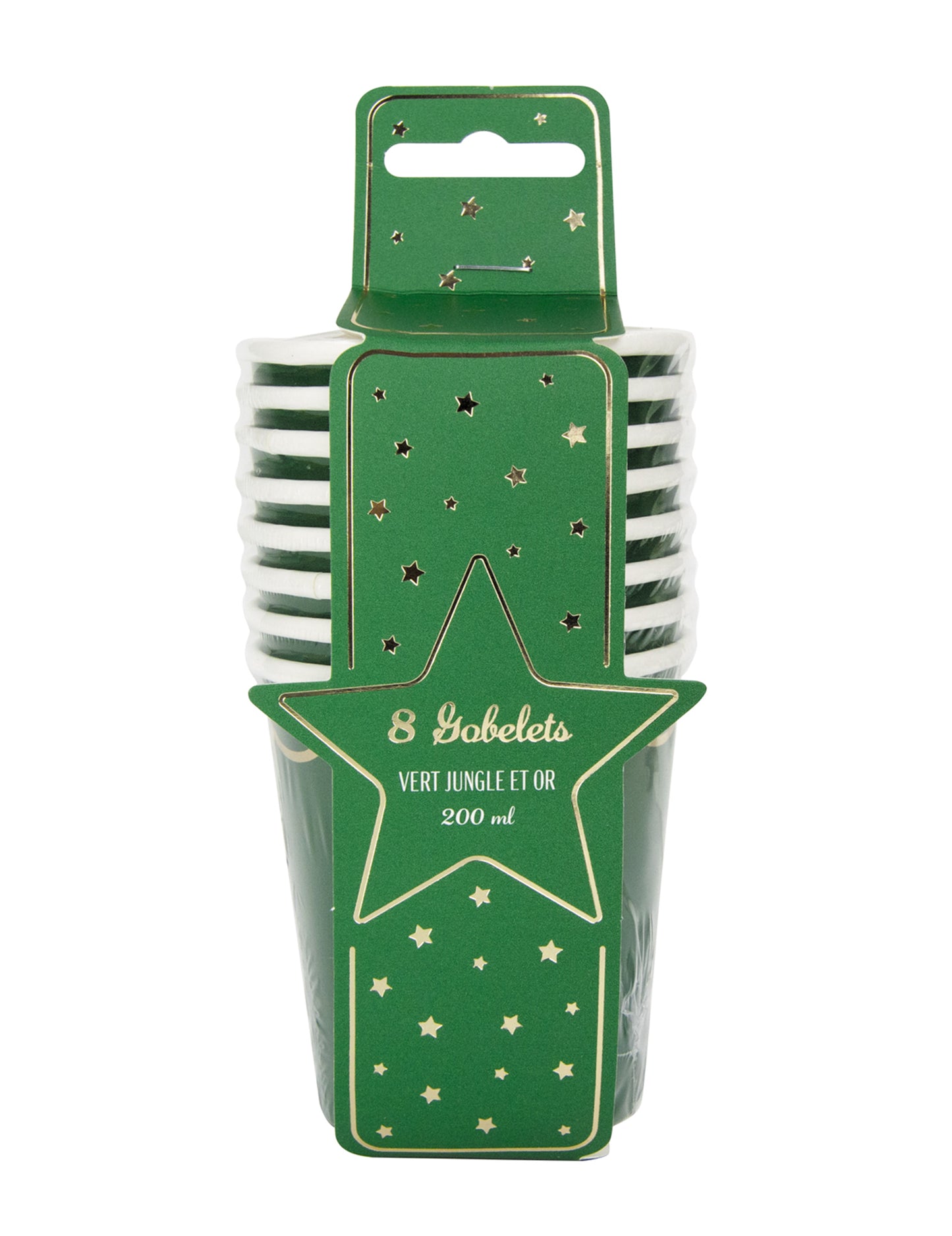 8 zelených a zlatých vroubkovaných papírových kelímků 200 ml na Vánoce
