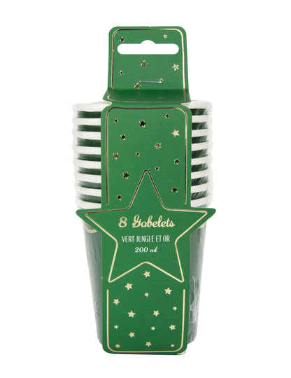 8 zelených a zlatých vroubkovaných papírových kelímků 200 ml na Vánoce