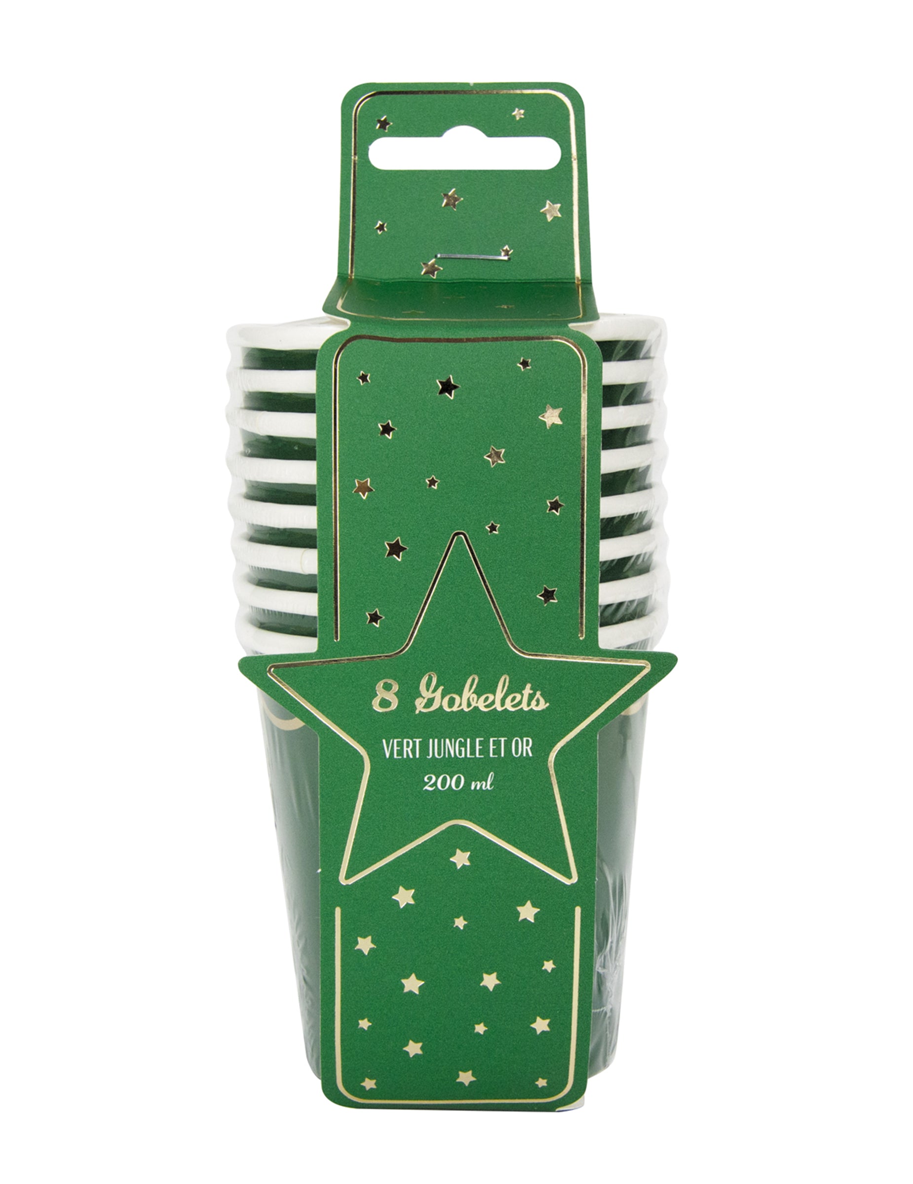 Vue du packaging des gobelets en carton de Noël pour fête vert et or festonnés