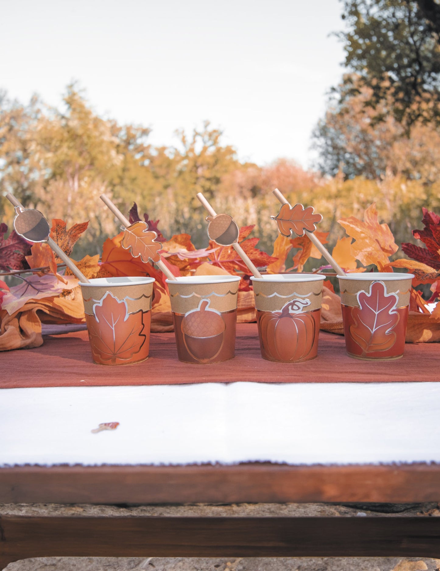 Habillages à gobelets automne et Halloween pour fête orange et marron avec motifs de feuilles et citrouilles