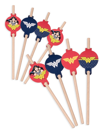 Pailles médaillon en carton Wonder Woman pour enfant rouges et bleues