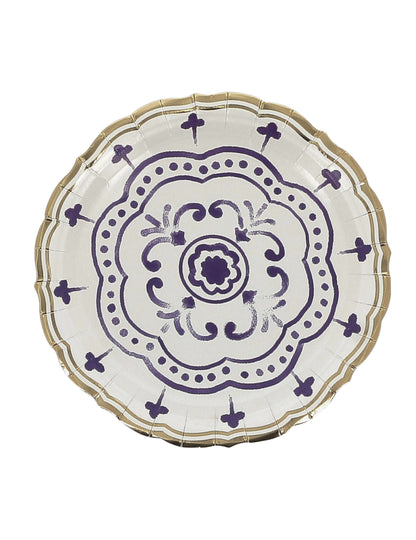 8 malých královsky modrých, bílých a zlatých kartonových talířů 18cm se středomořským vzorem