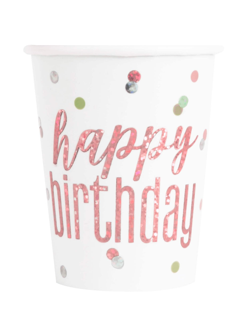 Papírové kelímky Happy Birthday pro narozeniny bílé a růžové s puntíky s třpytkami