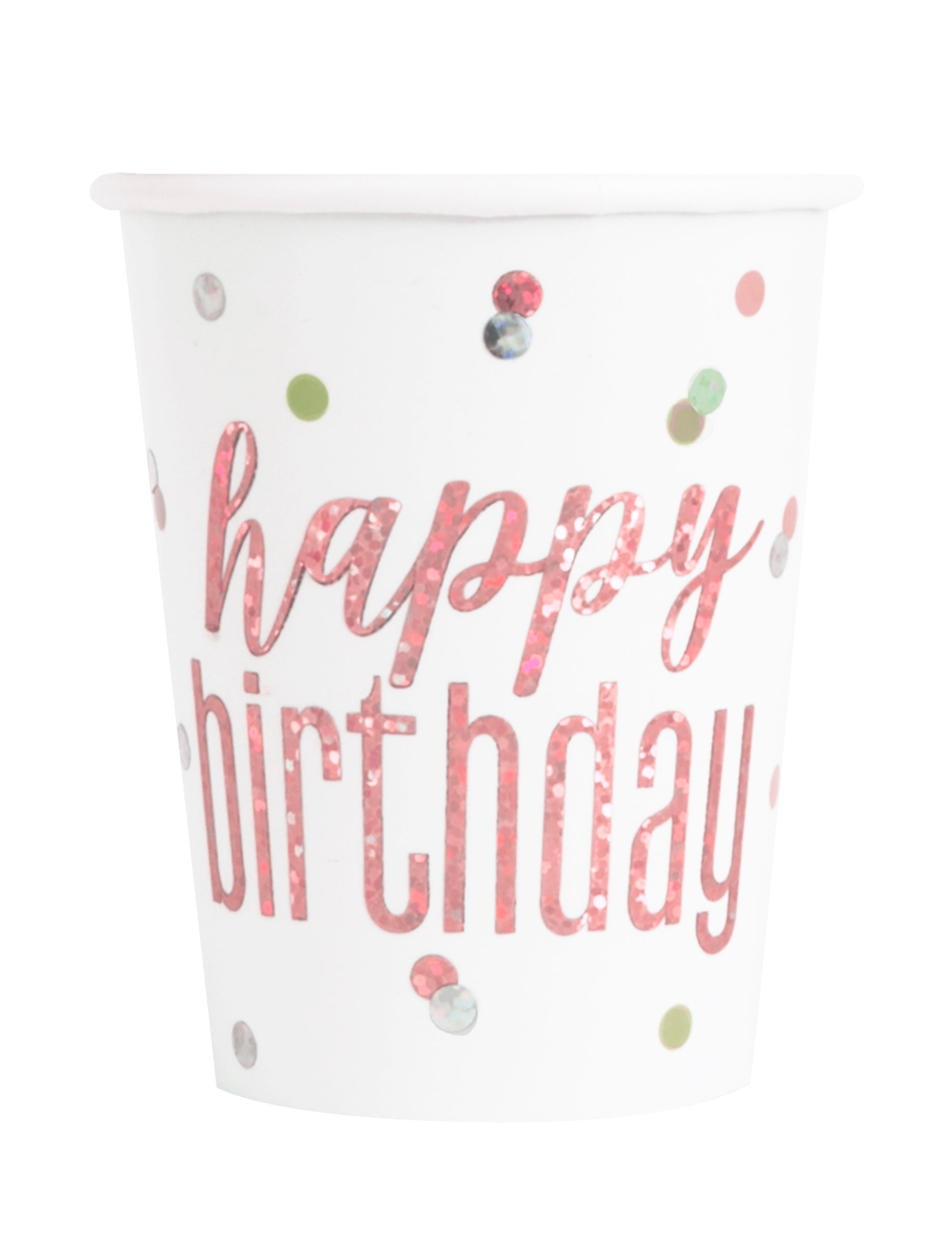 Gobelets en carton Happy Birthday pour anniversaire blancs et roses pailletés à pois