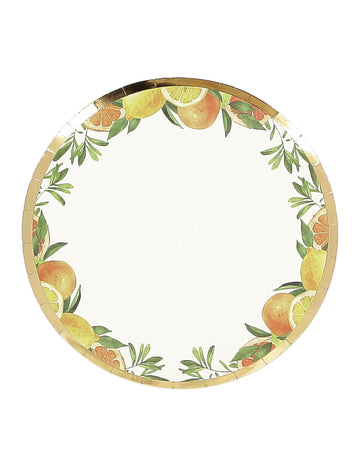 8 malých citrusových fizz talířů krémový, oranžový, žlutý a zlatý karton 18cm ovocný dekor