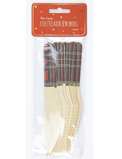 8 vánočních dřevěných tartanových nožů 16 cm se zlatým copem