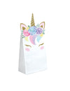 Sacs cadeaux en papier licorne féerique pour enfant blancs avec fleurs et corne dorée