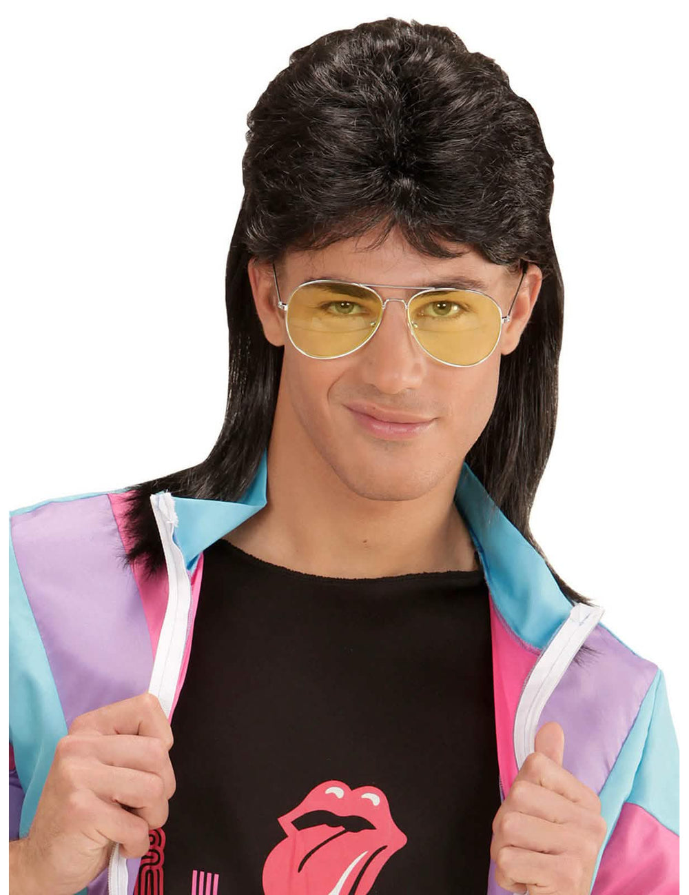 Paruka mullet pro dospělého hnědá s žlutými brýlemi