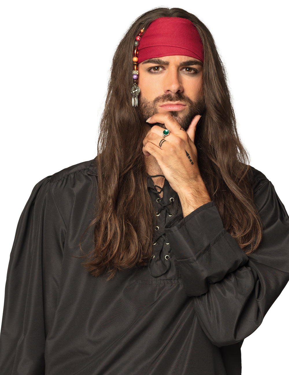 Accessoires cheveux de pirate pour homme bruns avec bandana rouge et perles