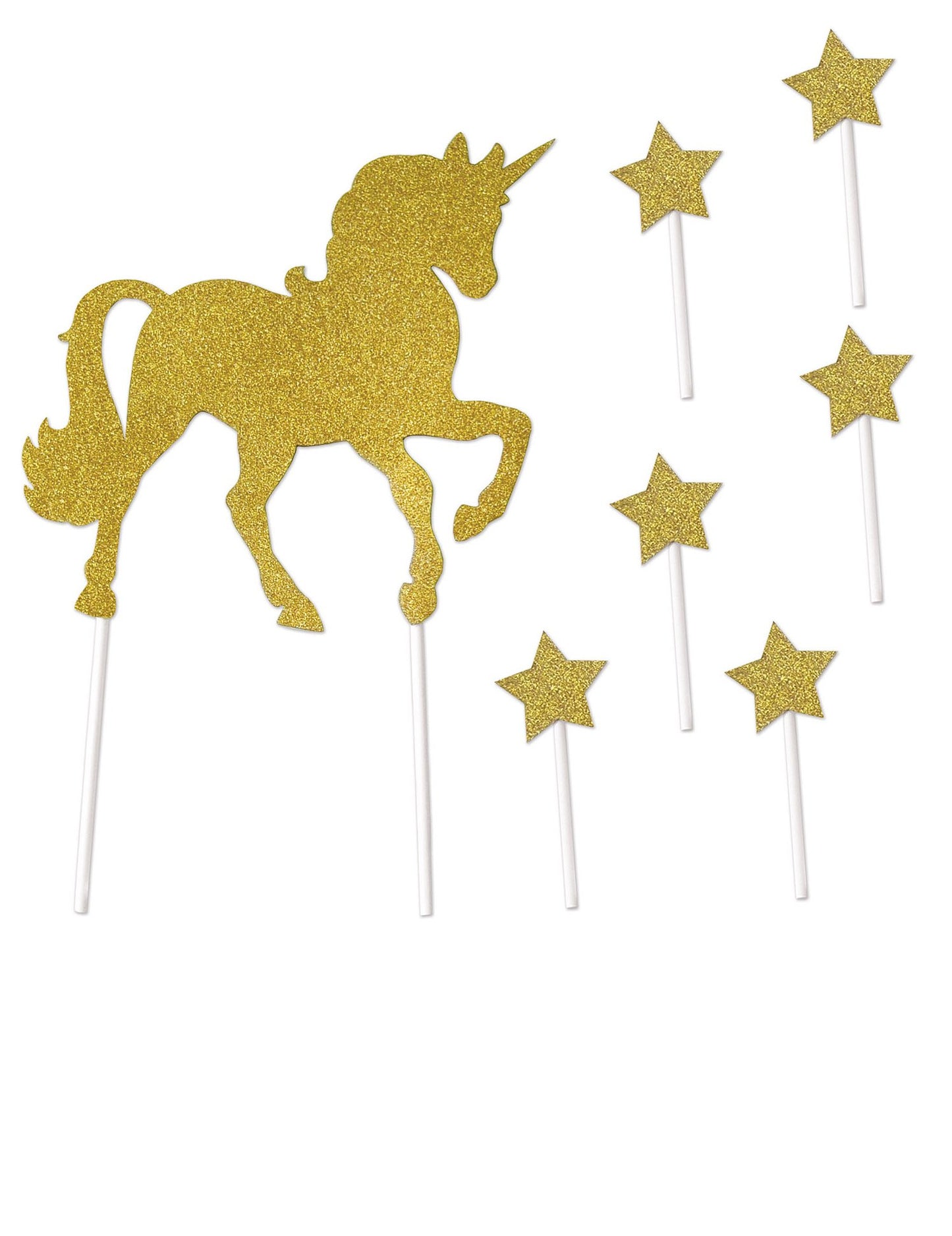 Doplňky na zdobení dortu jednorožce a hvězd ve zlatém kartonu