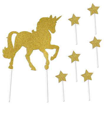 Doplňky na zdobení dortu jednorožce a hvězd ve zlatém kartonu