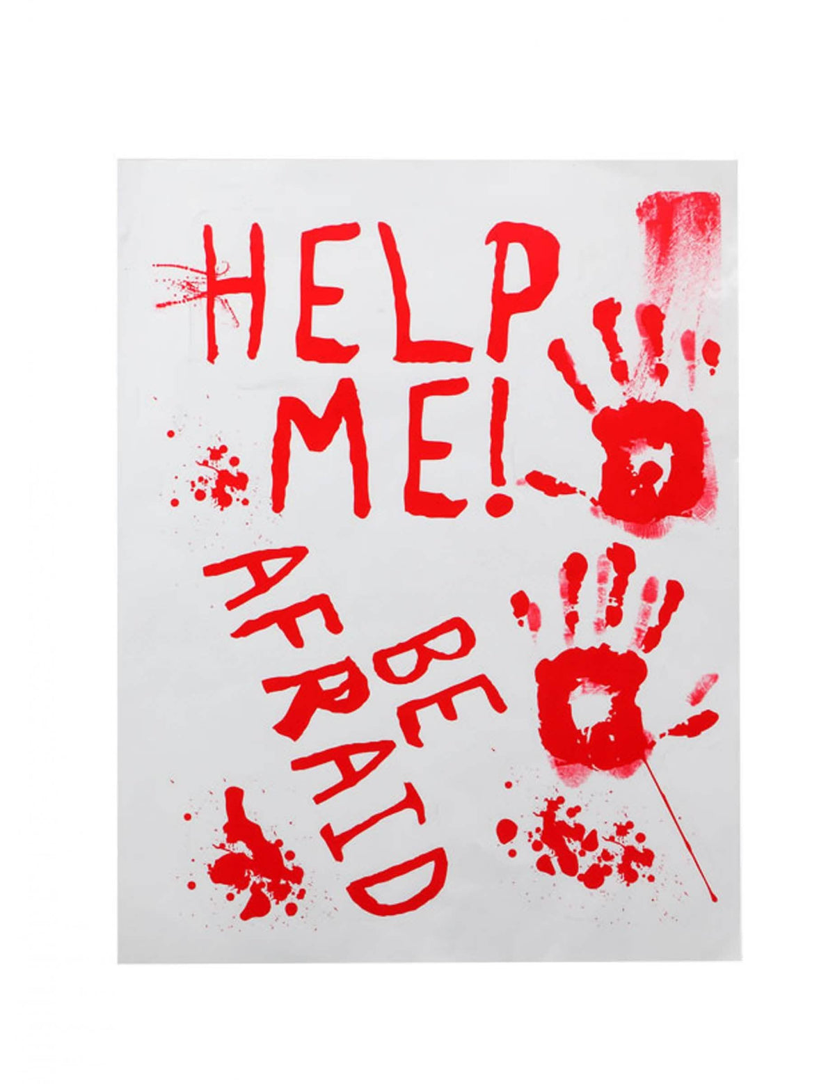 Krvavý plakát help me na halloween bílá a červená s otisky rukou