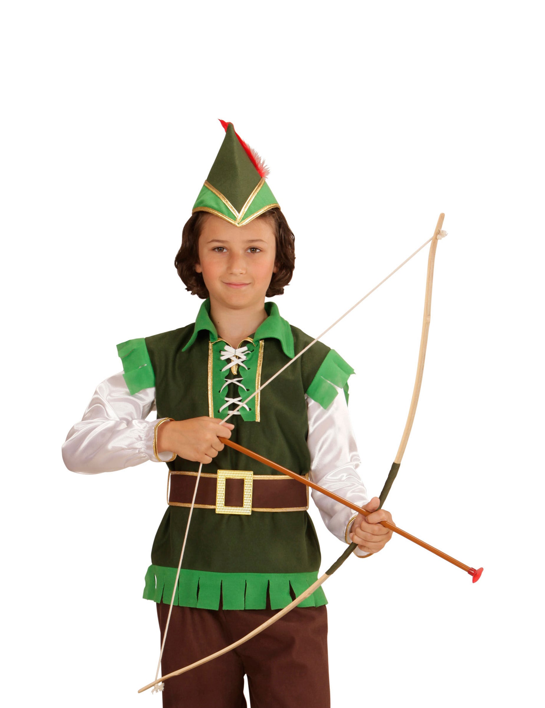 Vue de face de l'archer visant avec l'arc avec étui et fléchettes d'archer pour enfant