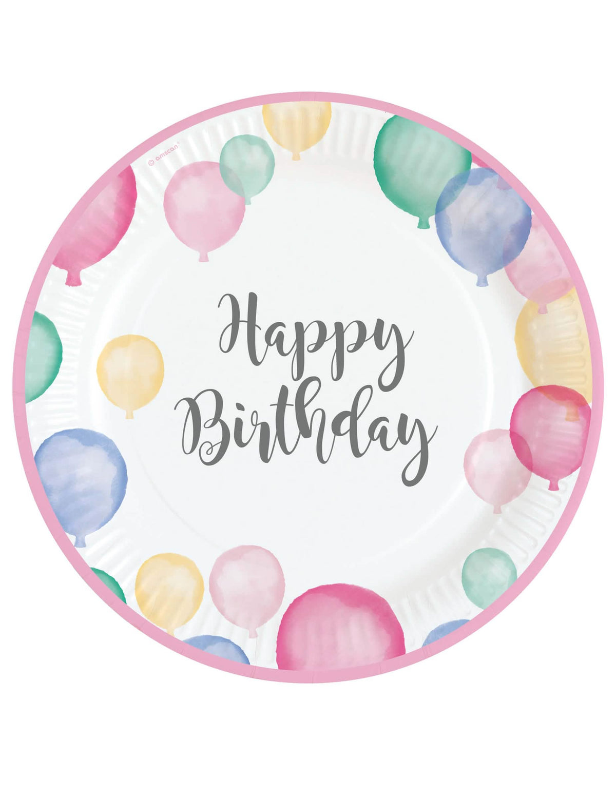 Papírové talíře Happy Birthday pastelové balónky k narozeninám s růžovým okrajem