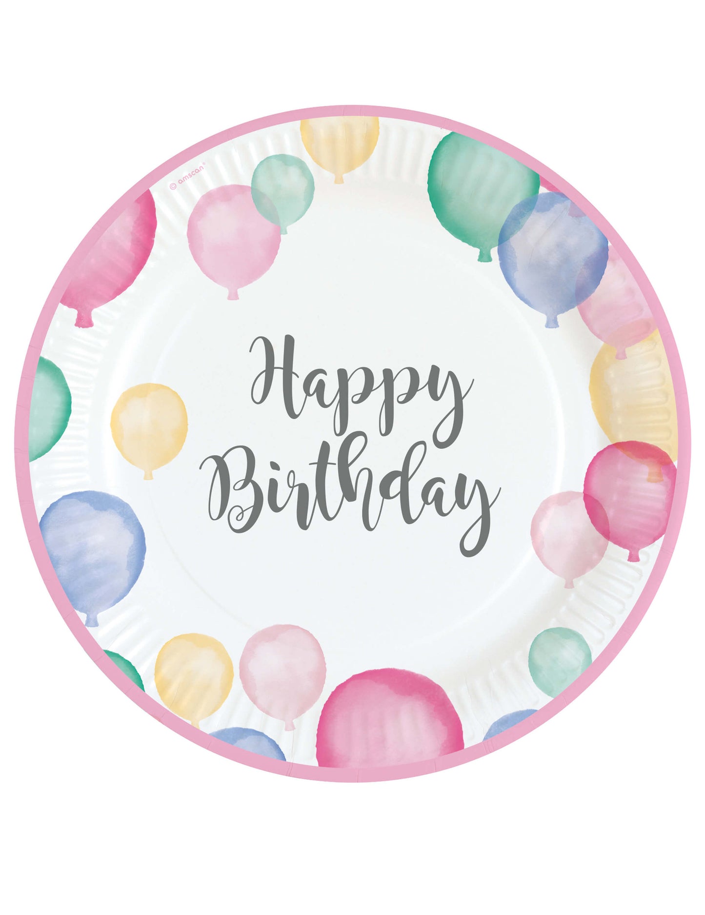 8 papírových talířů Happy Birthday balónky pastelové 23 cm růžový okraj 