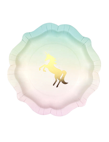 Assiettes en carton licorne aux couleurs pastel dégradées et motif doré