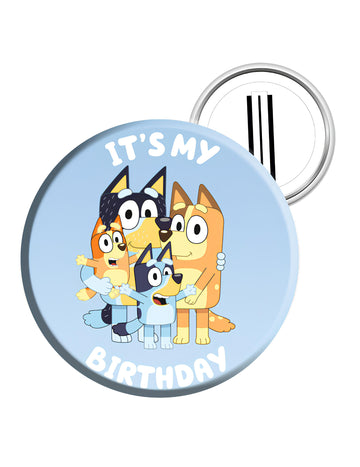 Badge Bluey pour enfant bleu avec inscription It's my Birthday