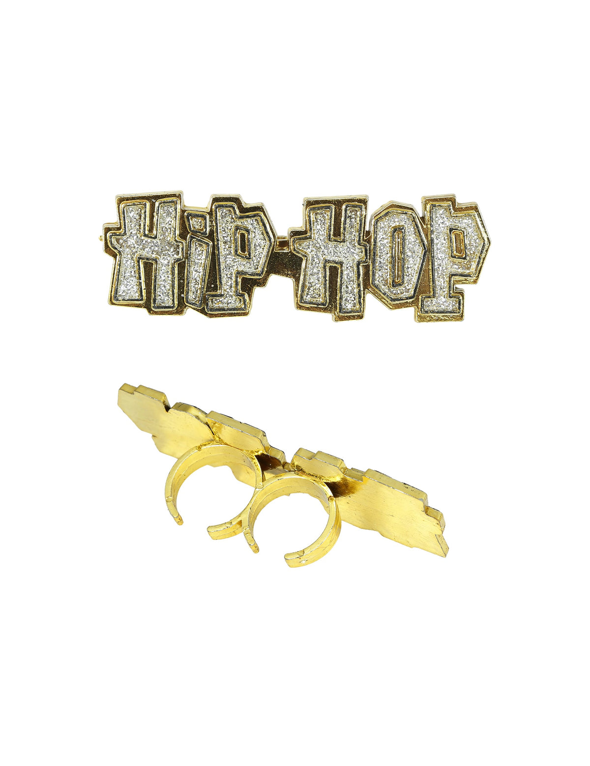 Vues de face et du dessous de la bague hip-hop pour adulte doré