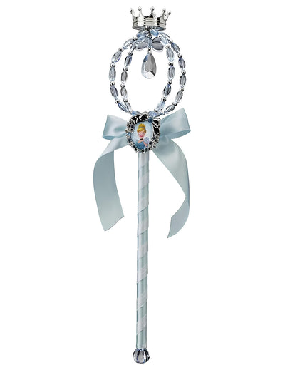 Baguette magique Cendrillon pour enfant bleue avec perles et couronne argentée