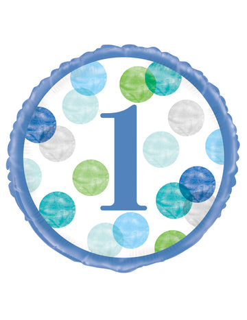 Bílomodrý fóliový balónek k prvním narozeninám 45 cm pastelové puntíky