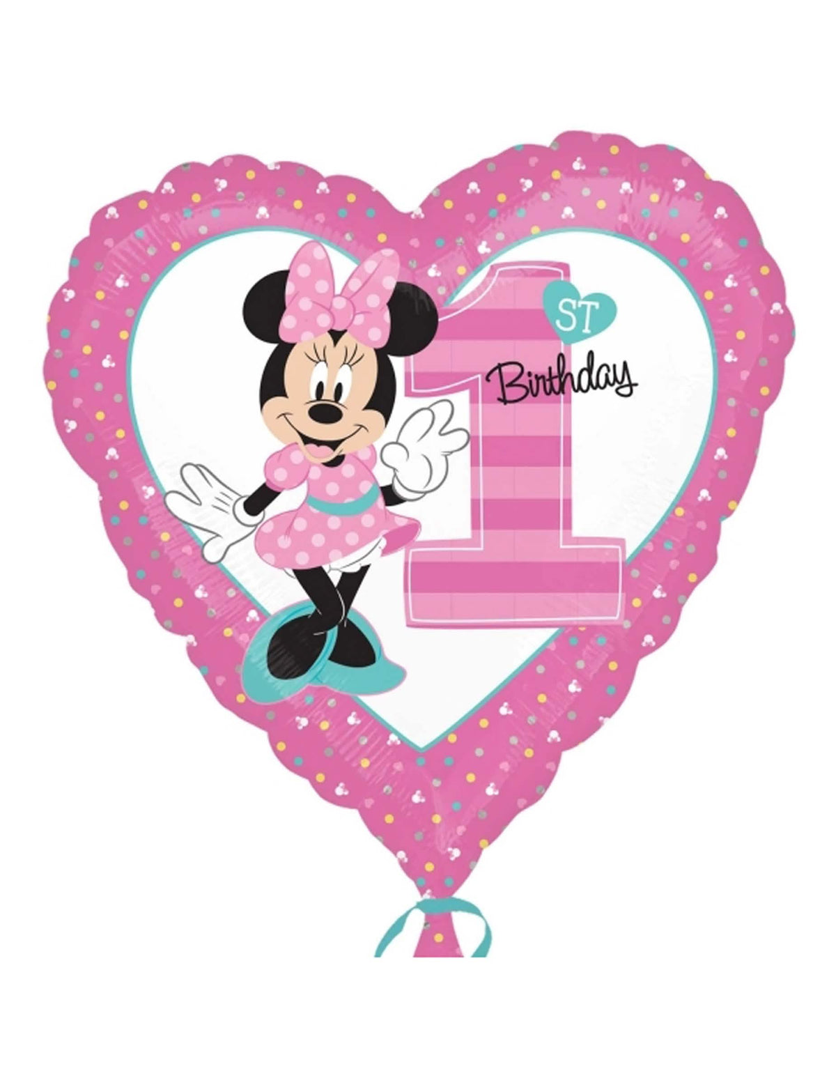 Hliníkový balón 1. narozeniny Minnie pro miminko dívka růžová ve tvaru srdce