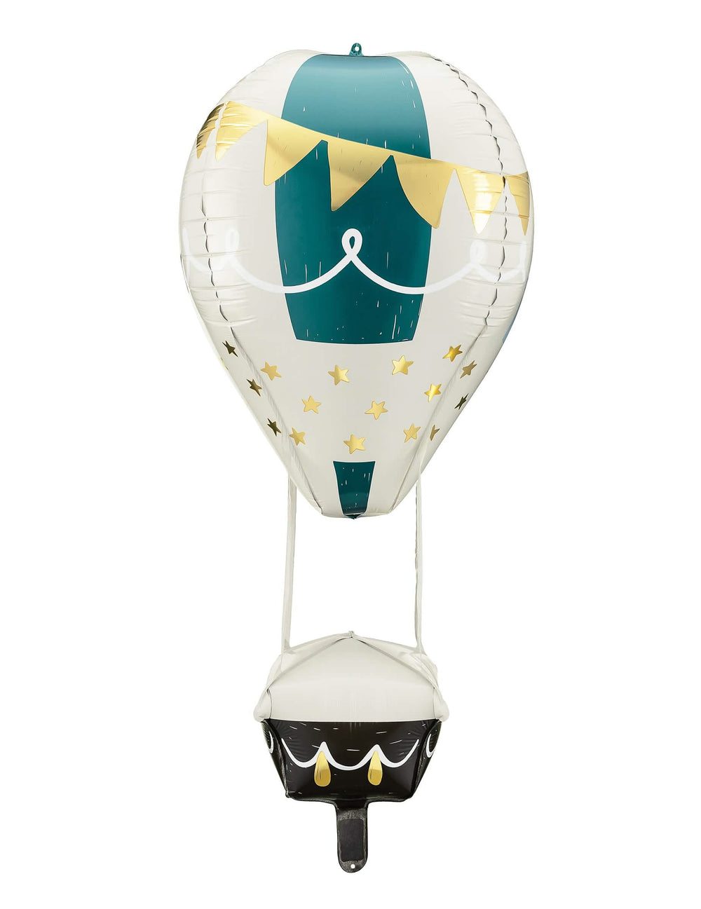 Ballon aluminium montgolfière blanc et vert avec étoiles et fanions dorés