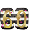 Ballon aluminium rectangulaire 60 ans pour anniversaire fuchsia et or à rayures noir et blanc