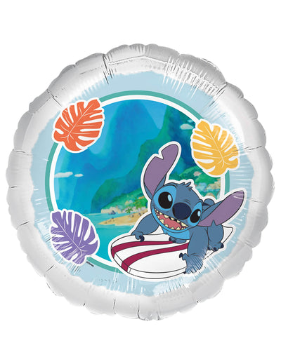 Hliníkový balón Stitch surfař pro dítě modrá a bílá s tropickými listy