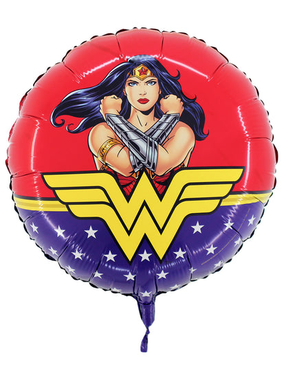 Ballon aluminium Wonder Woman pour fête rouge et bleu avec logo et étoiles blanches