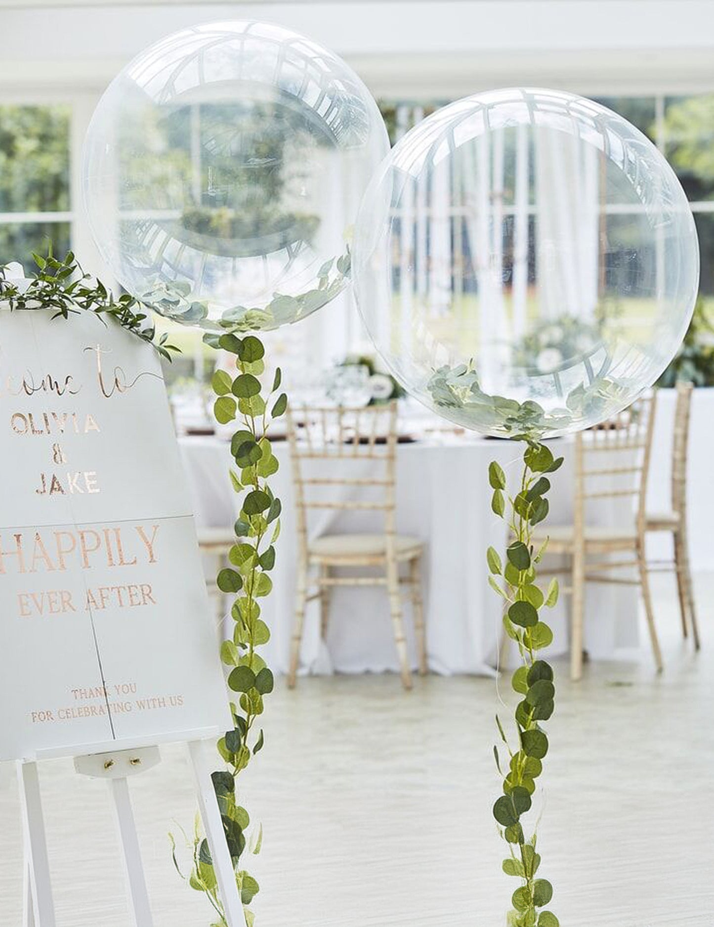 Průhledný bublinkový balónek s girlandou z listů 90 cm přírodní svatba