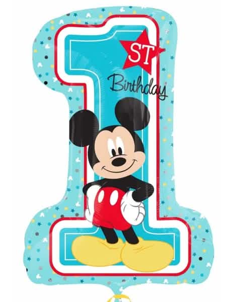 Balón číslo 1 z hliníku Mickey Mouse světle modrá s nápisem 1st Birthday