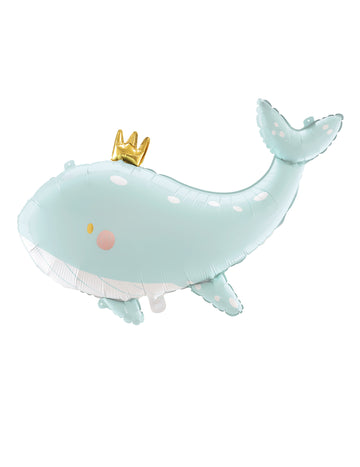 Fóliový balónek nebesky modrý velryba 78 x 50 cm se zlatou korunou