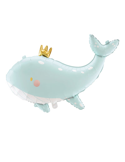 Ballon en aluminium baleine pour enfant bleu ciel avec couronne dorée