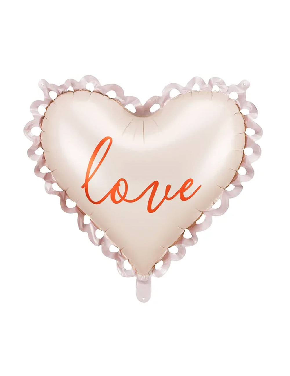 Ballon en aluminium cœur Love pour fête beige avec bordure dentelle et inscription orange