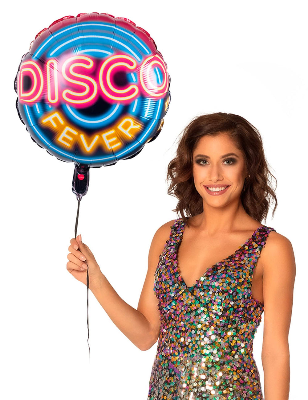 Záběr balónu z hliníkové fólie Disco fever drženého ženou