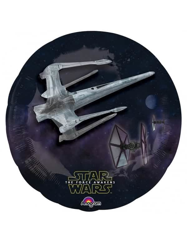 Ilustrace vesmírného boje s X-Wingem z hliníkového balónku Zlí Star Wars VII