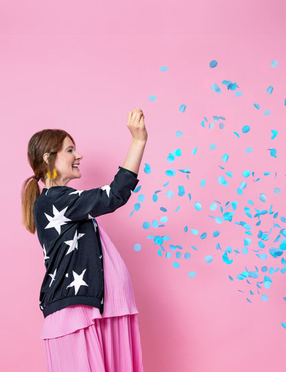 Obří latexový balónek chlapec nebo dívka modré konfety 1 m baby shower