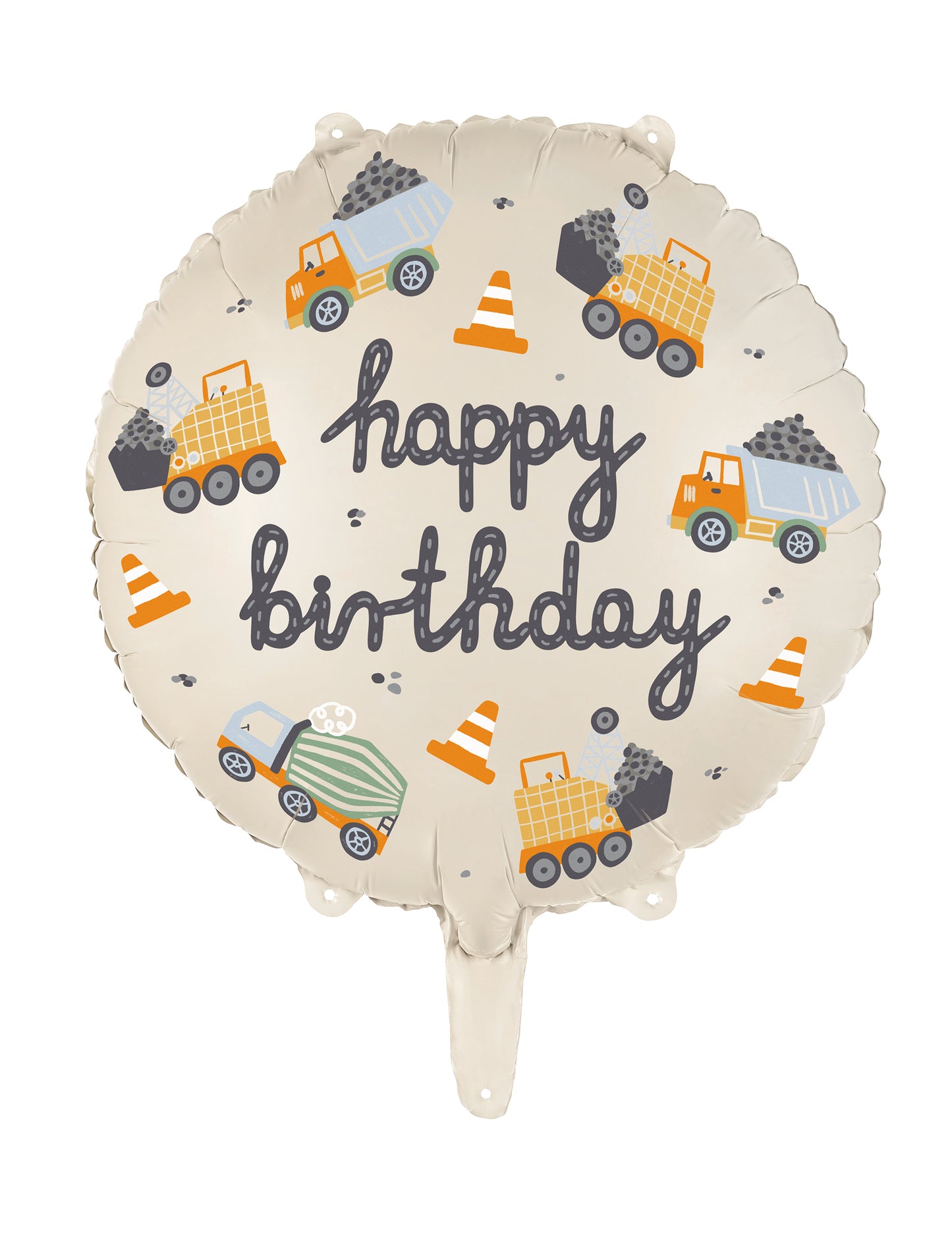 Ballon Happy Birthday camions de chantier beige avec motifs d'engins de chantier