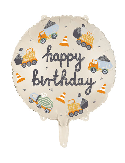 Ballon Happy Birthday camions de chantier beige avec motifs d'engins de chantier