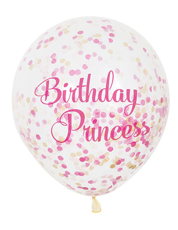 Lot de 6 ballons latex Birthday Princess pour fille avec confettis rose et doré